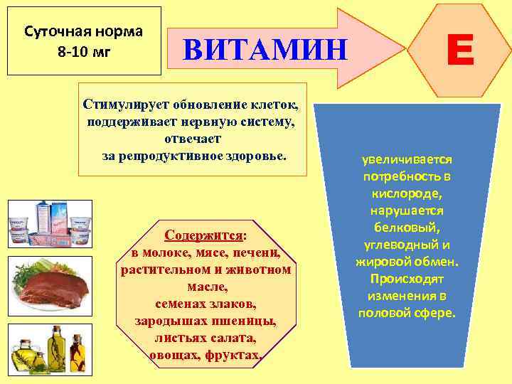 Суточная норма 8 -10 мг ВИТАМИН Стимулирует обновление клеток, поддерживает нервную систему, отвечает за