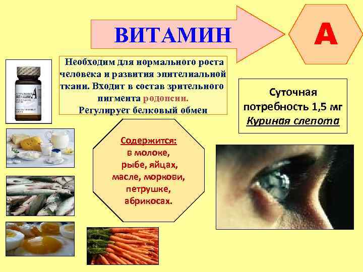 ВИТАМИН Необходим для нормального роста человека и развития эпителиальной ткани. Входит в состав зрительного