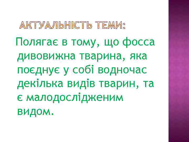 Полягає в тому, що фосса дивовижна тварина, яка поєднує у собі водночас декілька видів