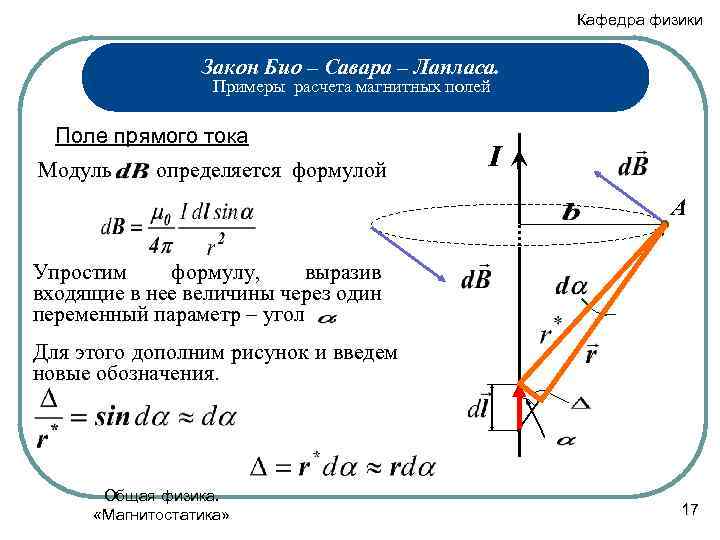 Кафедра физики Закон Био – Савара – Лапласа. Примеры расчета магнитных полей Поле прямого