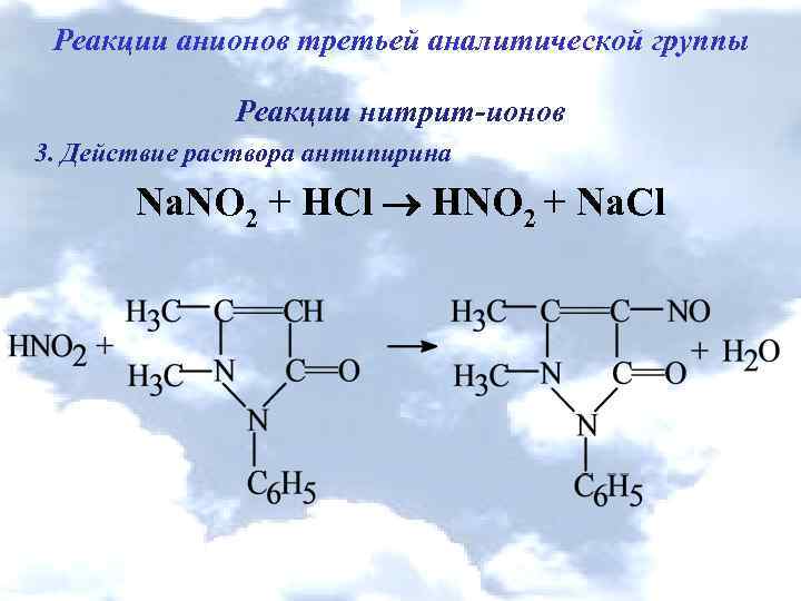 Первая группа анионов. Качественная реакция на антипирин с нитритом натрия. Качественные реакции на антипирин и амидопирин. Качественные реакции на нитрит анион.
