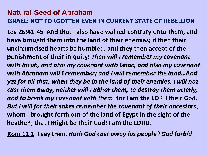 Natural Seed of Abraham ISRAEL: NOT FORGOTTEN EVEN IN CURRENT STATE OF REBELLION Lev