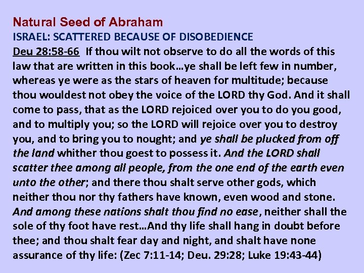 Natural Seed of Abraham ISRAEL: SCATTERED BECAUSE OF DISOBEDIENCE Deu 28: 58 -66 If