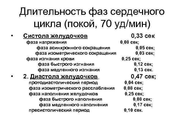 Длительность фаз сердечного цикла (покой, 70 уд/мин) • Систола желудочков 0, 33 сек фаза