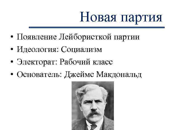 Новая партия • • Появление Лейбористкой партии Идеология: Социализм Электорат: Рабочий класс Основатель: Джеймс