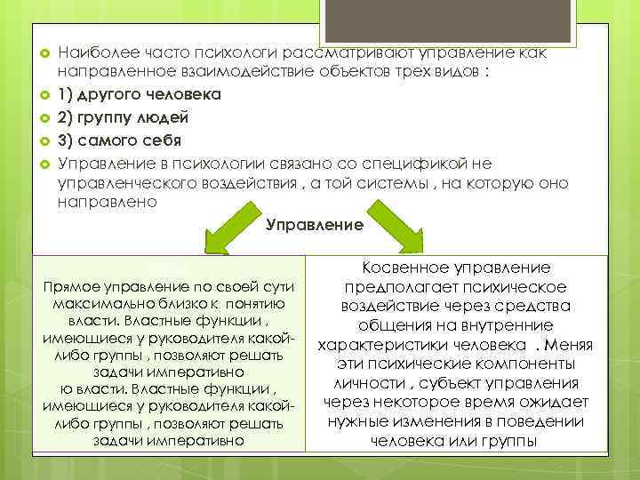  Наиболее часто психологи рассматривают управление как направленное взаимодействие объектов трех видов : 1)