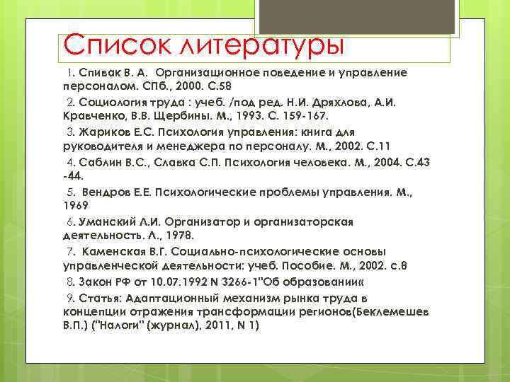 Список литературы 1. Спивак В. А. Организационное поведение и управление персоналом. СПб. , 2000.