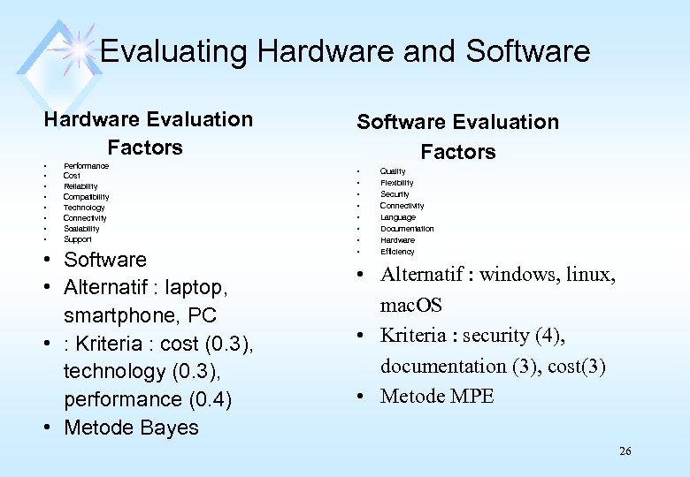 Evaluating Hardware and Software Hardware Evaluation Factors • • Performance Cost Reliability Compatibility Technology