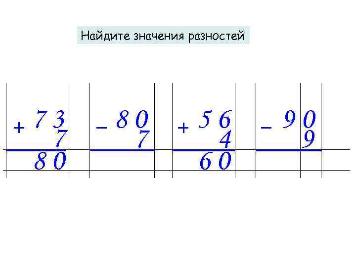 Найдите значения разностей 73 7 80 80 7 56 4 60 90 9 