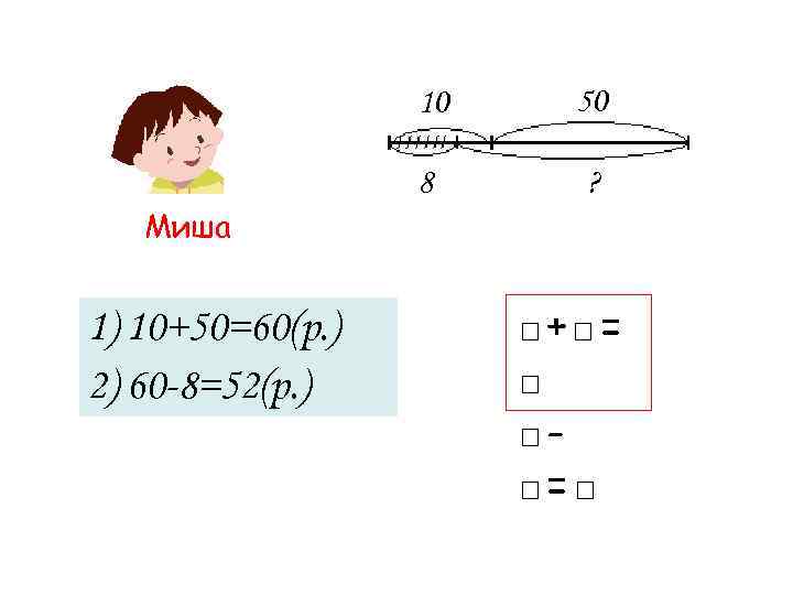 10 Миша 1) 10+50=60(р. ) 2) 60 -8=52(р. ) 50 8 ? □+□= □
