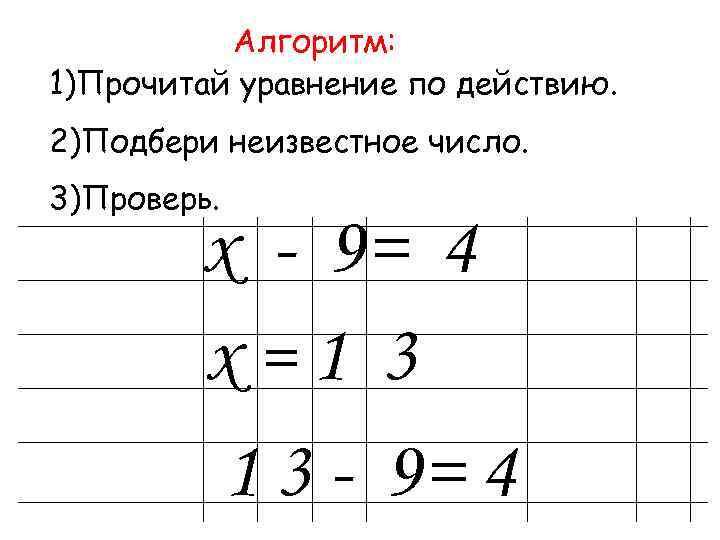 Алгоритм: 1)Прочитай уравнение по действию. 2)Подбери неизвестное число. 3)Проверь. x - 9= 4 х=1