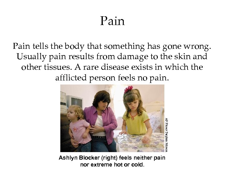 Pain tells the body that something has gone wrong. Usually pain results from damage