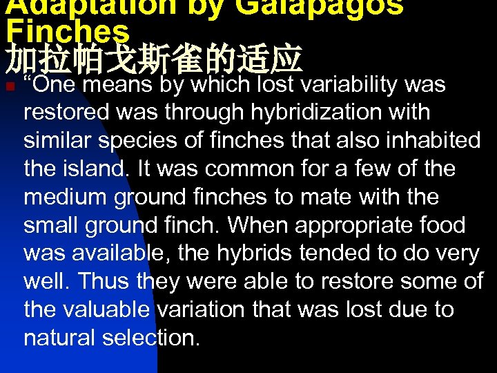 Adaptation by Galapagos Finches 加拉帕戈斯雀的适应 n “One means by which lost variability was restored