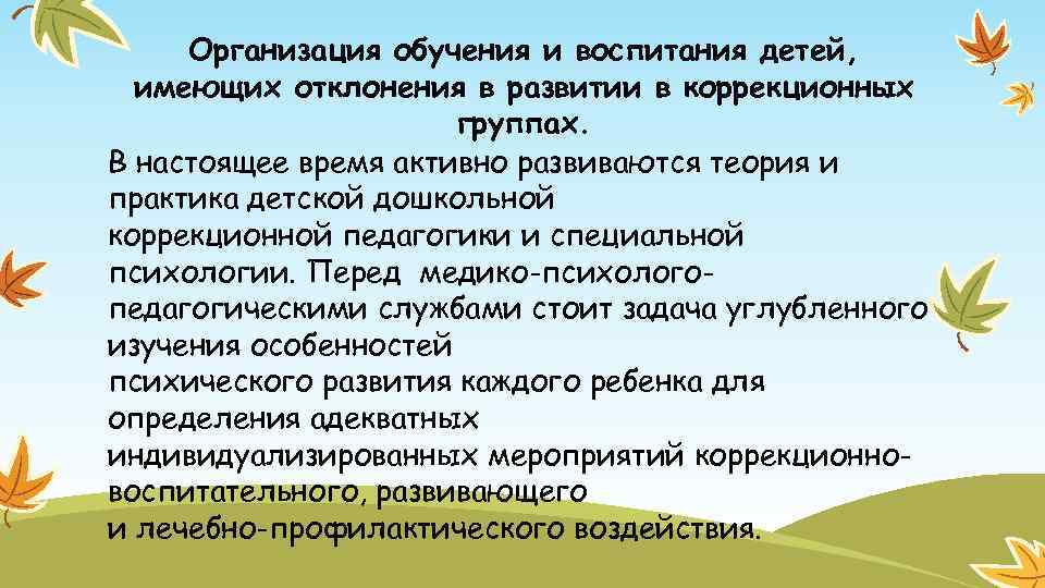 Организация обучения и воспитания детей, имеющих отклонения в развитии в коррекционных группах. В настоящее