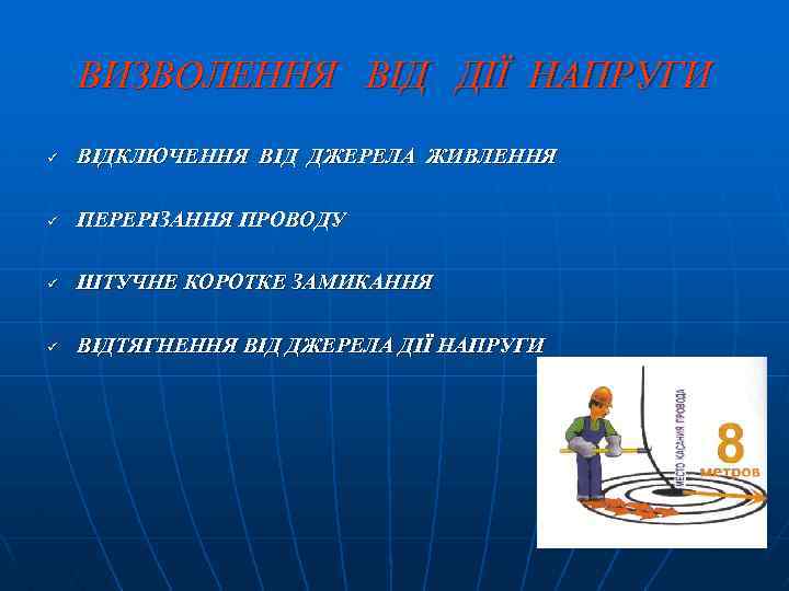 ВИЗВОЛЕННЯ ВІД ДІЇ НАПРУГИ ü ВІДКЛЮЧЕННЯ ВІД ДЖЕРЕЛА ЖИВЛЕННЯ ü ПЕРЕРІЗАННЯ ПРОВОДУ ü ШТУЧНЕ