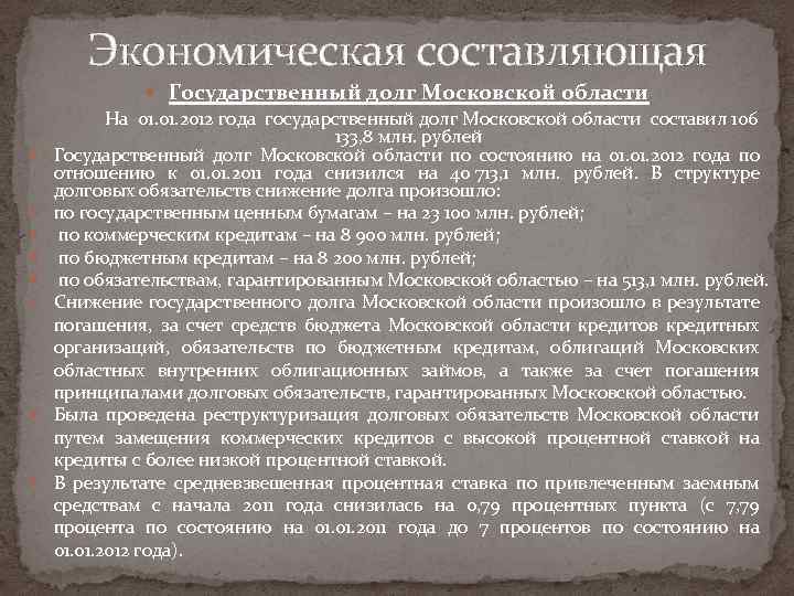 Экономическая составляющая Государственный долг Московской области На 01. 2012 года государственный долг Московской области