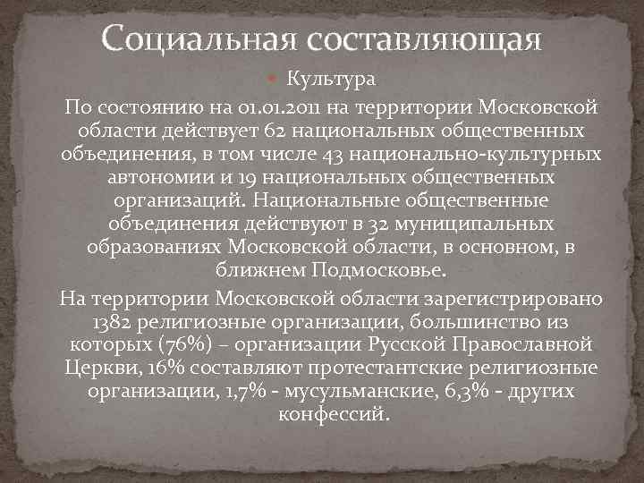 Социальная составляющая Культура По состоянию на 01. 2011 на территории Московской области действует 62