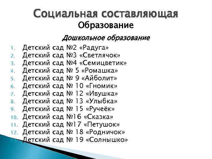 Социальная составляющая Образование 1. 2. 3. 4. 5. 6. 7. 8. 9. 10. 11.