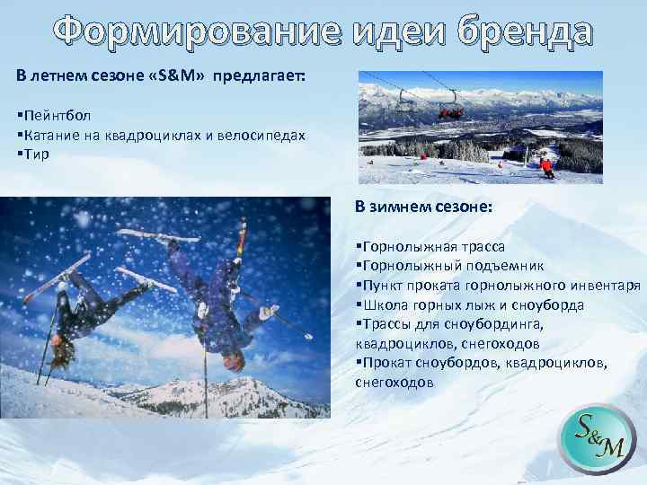 Формирование идеи бренда В летнем сезоне «S&M» предлагает: §Пейнтбол §Катание на квадроциклах и велосипедах