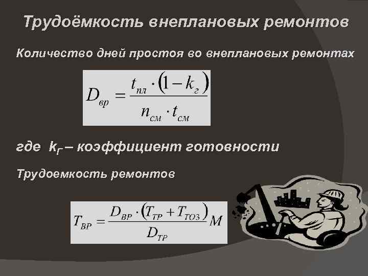 Трудоёмкость внеплановых ремонтов Количество дней простоя во внеплановых ремонтах где k. Г – коэффициент