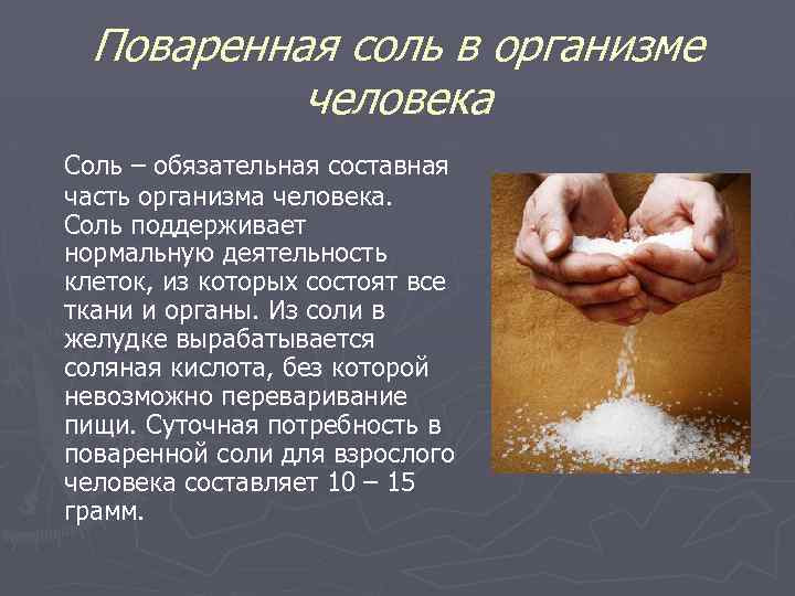 Поваренная соль в организме человека Соль – обязательная составная часть организма человека. Соль поддерживает