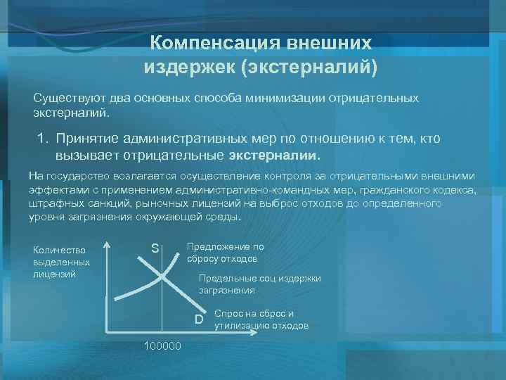 Компенсация внешних издержек (экстерналий) Существуют два основных способа минимизации отрицательных экстерналий. 1. Принятие административных