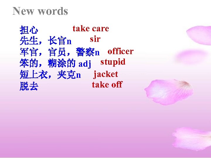 New words take care 担心 sir 先生，长官n 军官，官员，警察n officer 笨的，糊涂的 adj stupid 短上衣，夹克n jacket