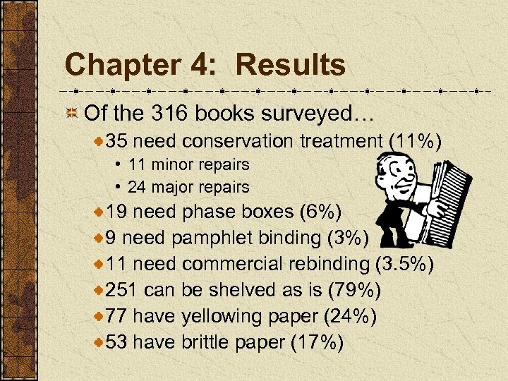 Chapter 4: Results Of the 316 books surveyed… 35 need conservation treatment (11%) •