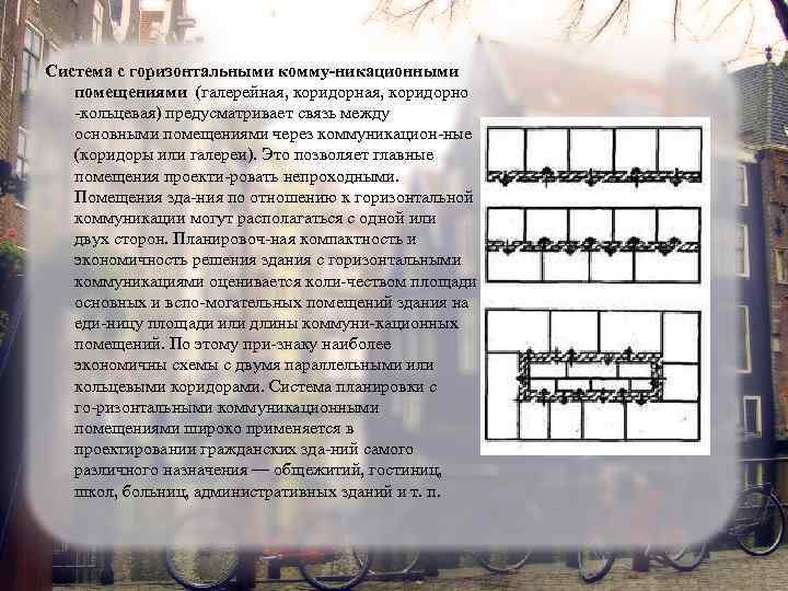 Система с горизонтальными комму никационными помещениями (галерейная, коридорно кольцевая) предусматривает связь между основными помещениями