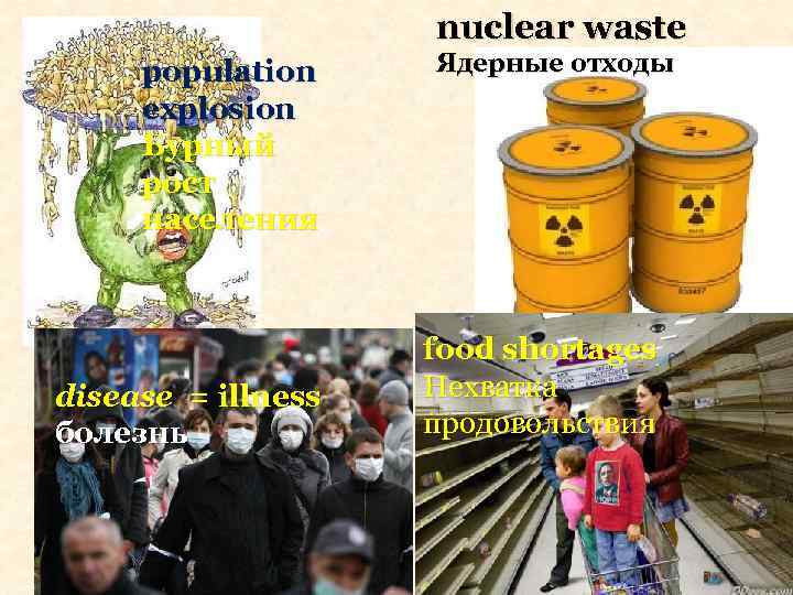 nuclear waste population explosion Бурный рост населения disease = illness болезнь Ядерные отходы food