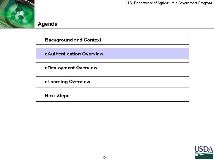 U. S. Department of Agriculture e. Government Program Agenda Background and Context e. Authentication
