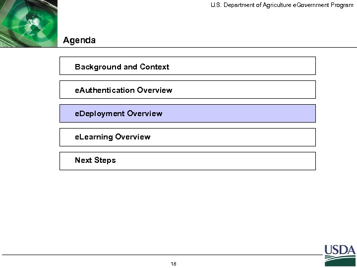 U. S. Department of Agriculture e. Government Program Agenda Background and Context e. Authentication