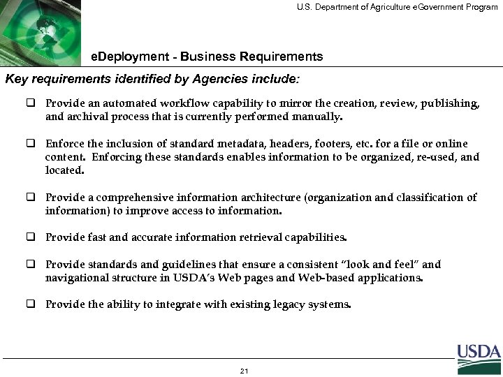 U. S. Department of Agriculture e. Government Program e. Deployment - Business Requirements Key