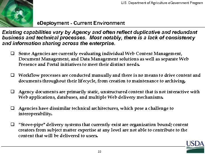 U. S. Department of Agriculture e. Government Program e. Deployment - Current Environment Existing