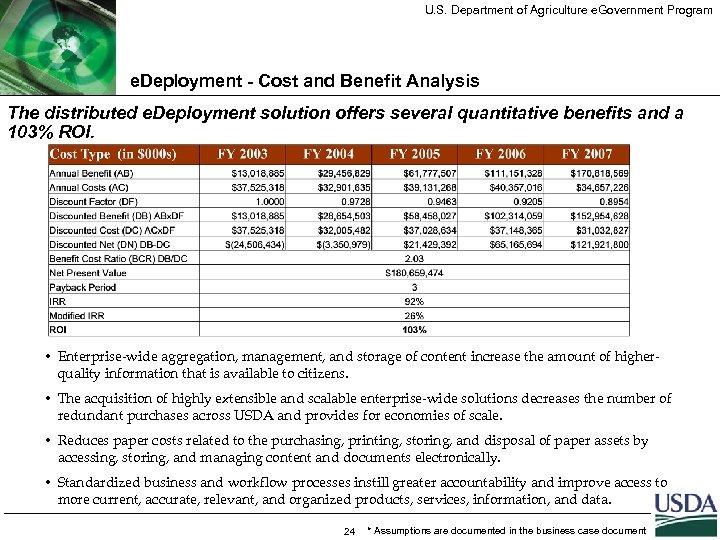U. S. Department of Agriculture e. Government Program e. Deployment - Cost and Benefit