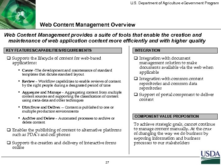 U. S. Department of Agriculture e. Government Program Web Content Management Overview Web Content