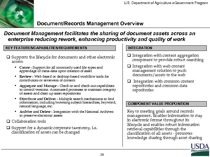 U. S. Department of Agriculture e. Government Program Document/Records Management Overview Document Management facilitates