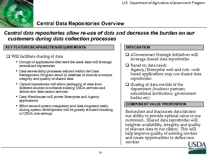 U. S. Department of Agriculture e. Government Program Central Data Repositories Overview Central data