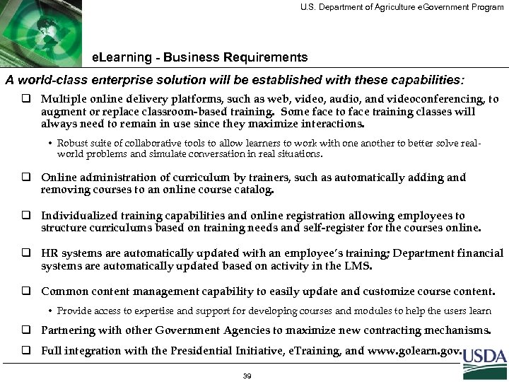 U. S. Department of Agriculture e. Government Program e. Learning - Business Requirements A