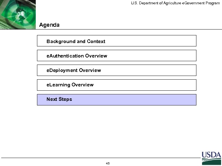 U. S. Department of Agriculture e. Government Program Agenda Background and Context e. Authentication
