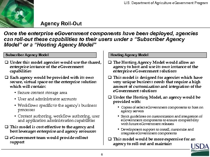 U. S. Department of Agriculture e. Government Program Agency Roll-Out Once the enterprise e.