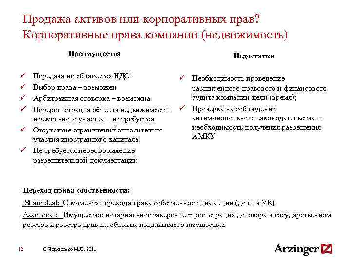 Продажа активов или корпоративных прав? Корпоративные права компании (недвижимость) Преимущества Недостатки Передача не облагается