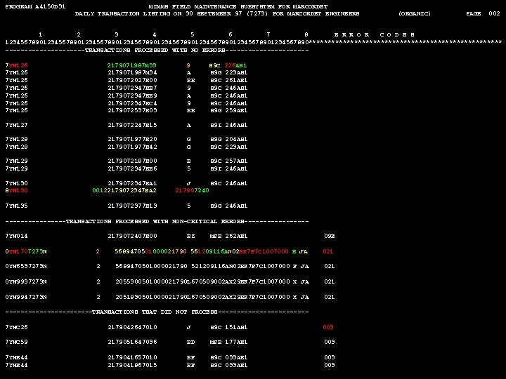 PROGRAM A 4150 D 31 MIMMS FIELD MAINTENANCE SUBSYSTEM FOR MARCORDET DAILY TRANSACTION LISTING
