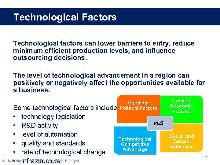 Technological Factors Technological factors can lower barriers to entry, reduce minimum efficient production levels,