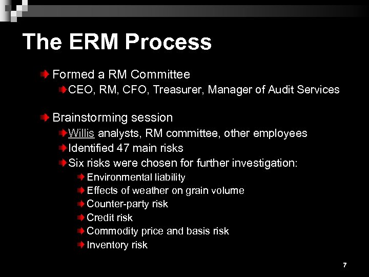 The ERM Process Formed a RM Committee CEO, RM, CFO, Treasurer, Manager of Audit