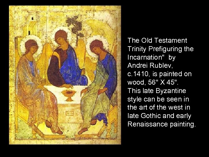 The Old Testament Trinity Prefiguring the Incarnation" by Andrei Rublev, c. 1410, is painted
