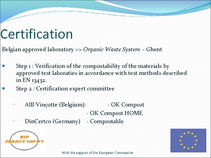 Certification Belgian approved laboratory => Organic Waste System – Ghent Step 1 : Verification