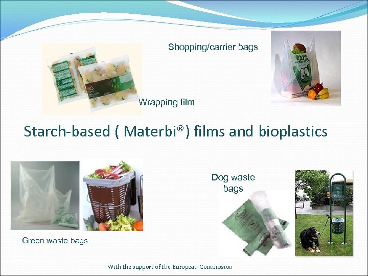 Shopping/carrier bags Wrapping film Starch-based ( Materbi®) films and bioplastics Dog waste bags Green