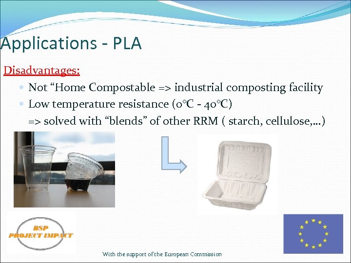 Applications - PLA Disadvantages: Not “Home Compostable => industrial composting facility Low temperature resistance