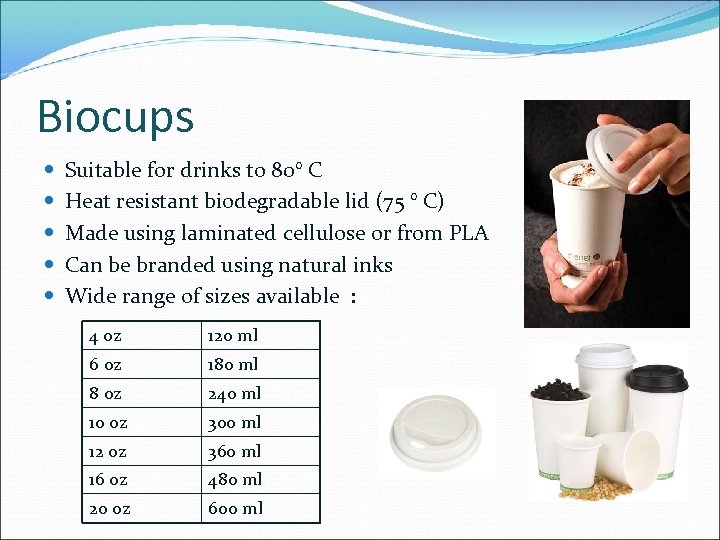 Biocups Suitable for drinks to 80° C Heat resistant biodegradable lid (75 ° C)